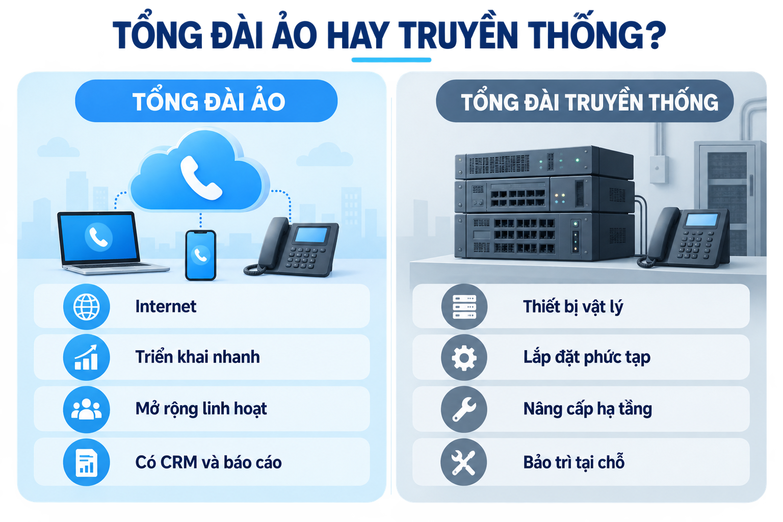 So sánh tổng đài ảo trên Internet với tổng đài truyền thống dùng thiết bị vật lý