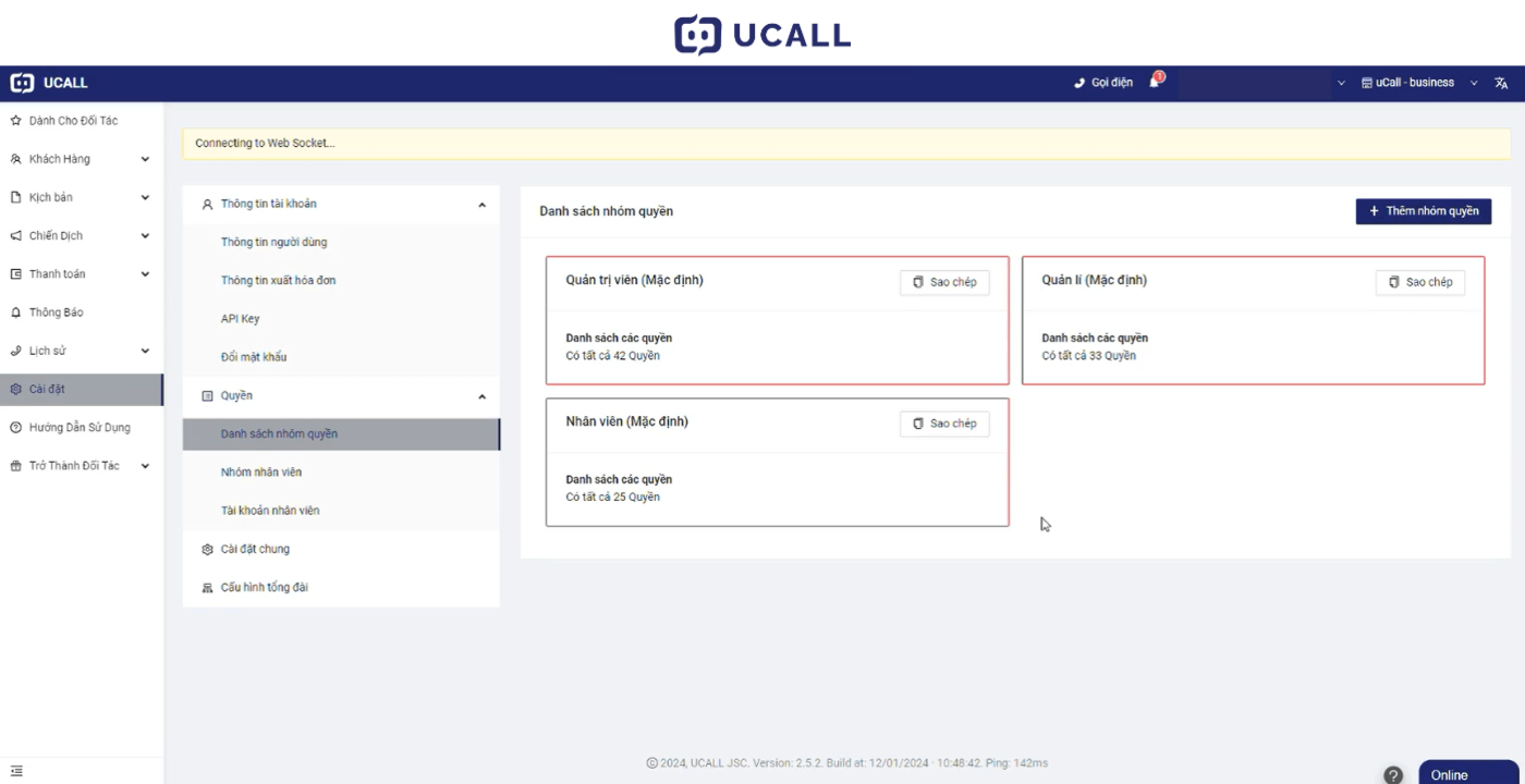 Màn hình tính năng phân quyền của Tổng đài ảo VoIP UCALL