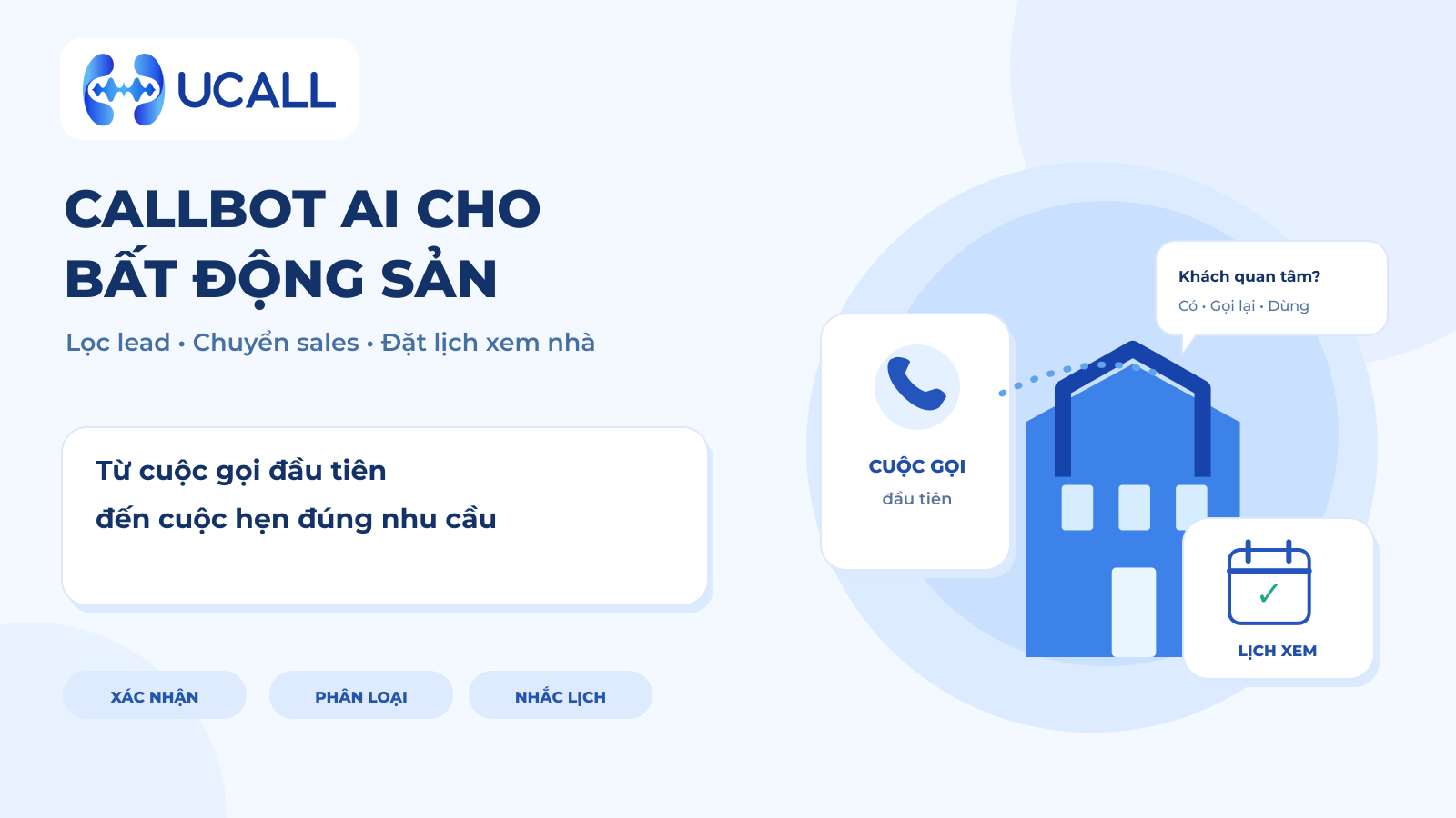 Callbot AI cho bất động sản: lọc lead và đặt lịch xem nhà, logo UCALL ở góc trên bên trái