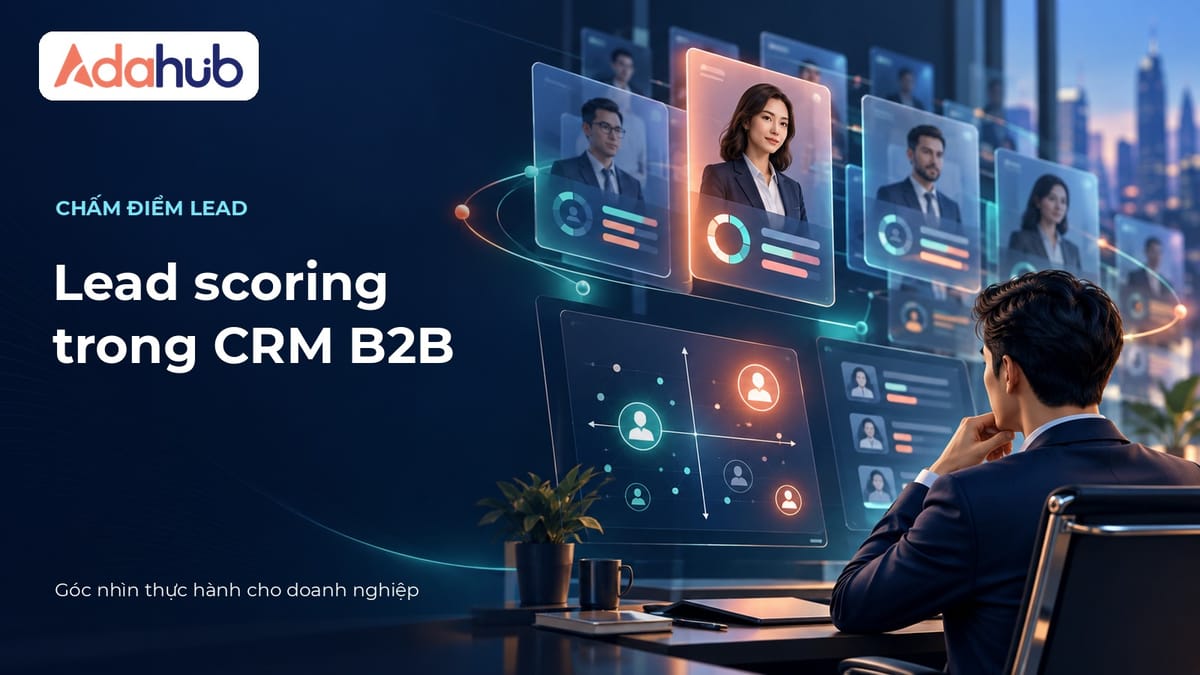 Lead scoring trong CRM B2B: chuyên viên đánh giá khách hàng tiềm năng, logo Adahub ở góc trên trái