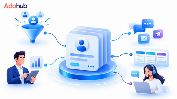 Minh họa CRM Automation với logo Adahub ở góc trên bên trái