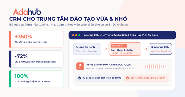 Minh họa giải pháp CRM cho trung tâm đào tạo vừa và nhỏ tích hợp UCALL Callbot và Adahub CRM